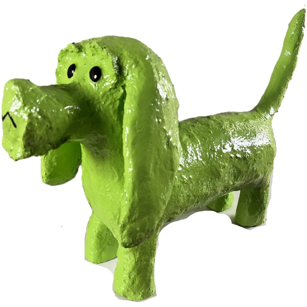 Bright green painted dog sculpture