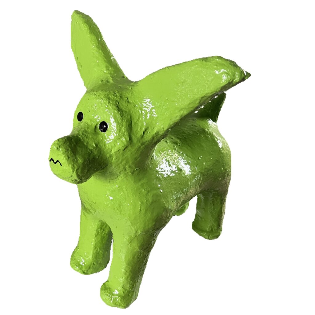 Bright green dog sculpture with ears