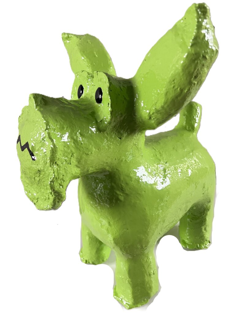 Bright green sculpture of a dog with big ears